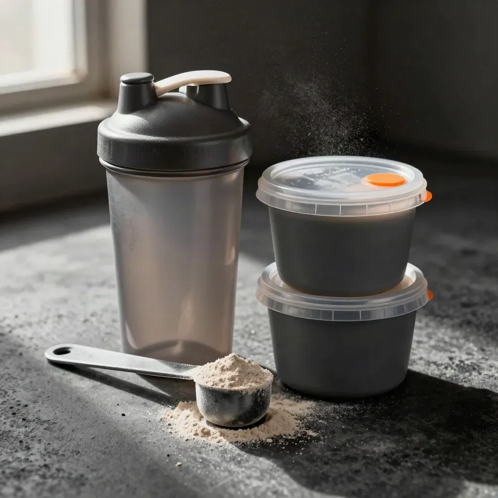 Macro still life of shaker tin, scoop, and two prep tubs on charcoal concrete