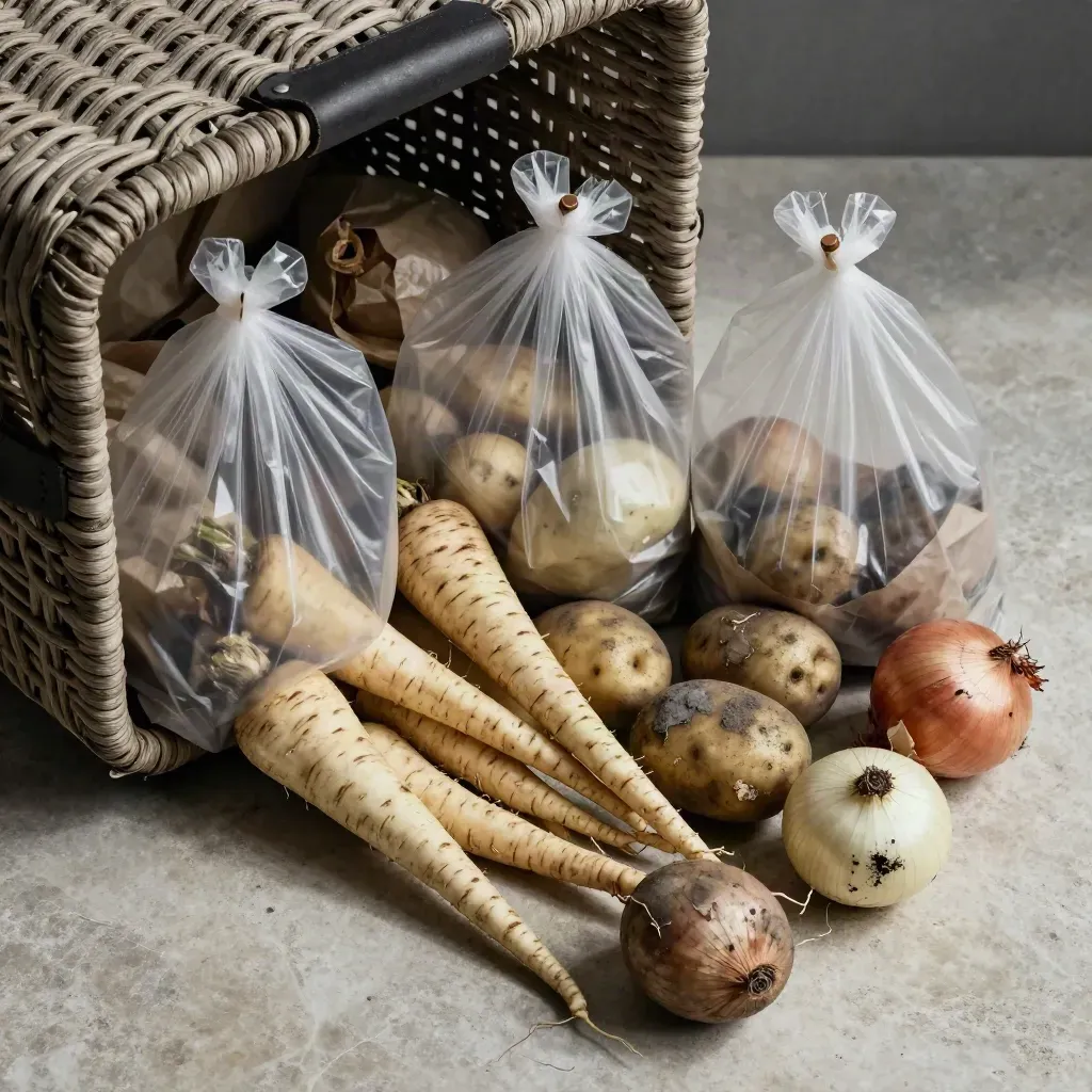 Woven market basket with produce bags and paper-wrapped root vegetables on pale stone