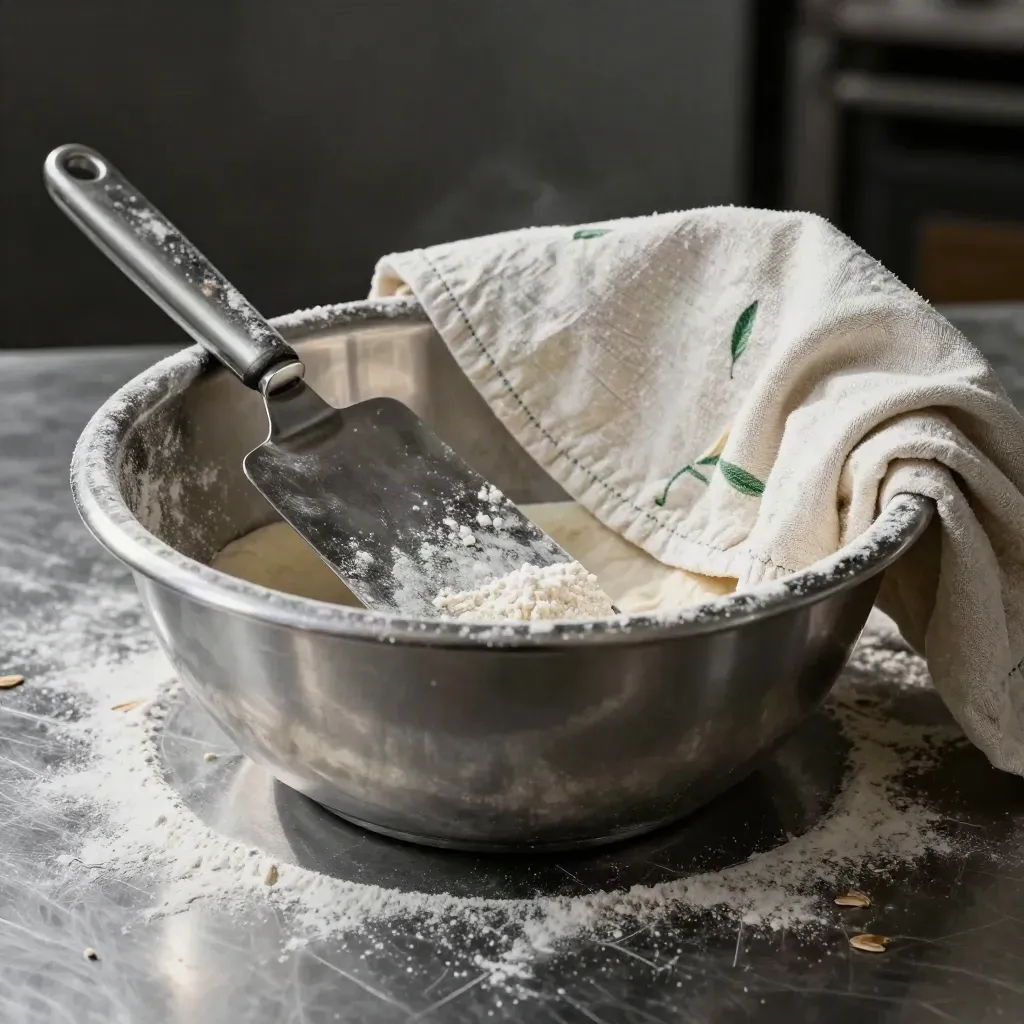 Floured proofing bowl, bench scraper, and linen cloth on brushed metal
