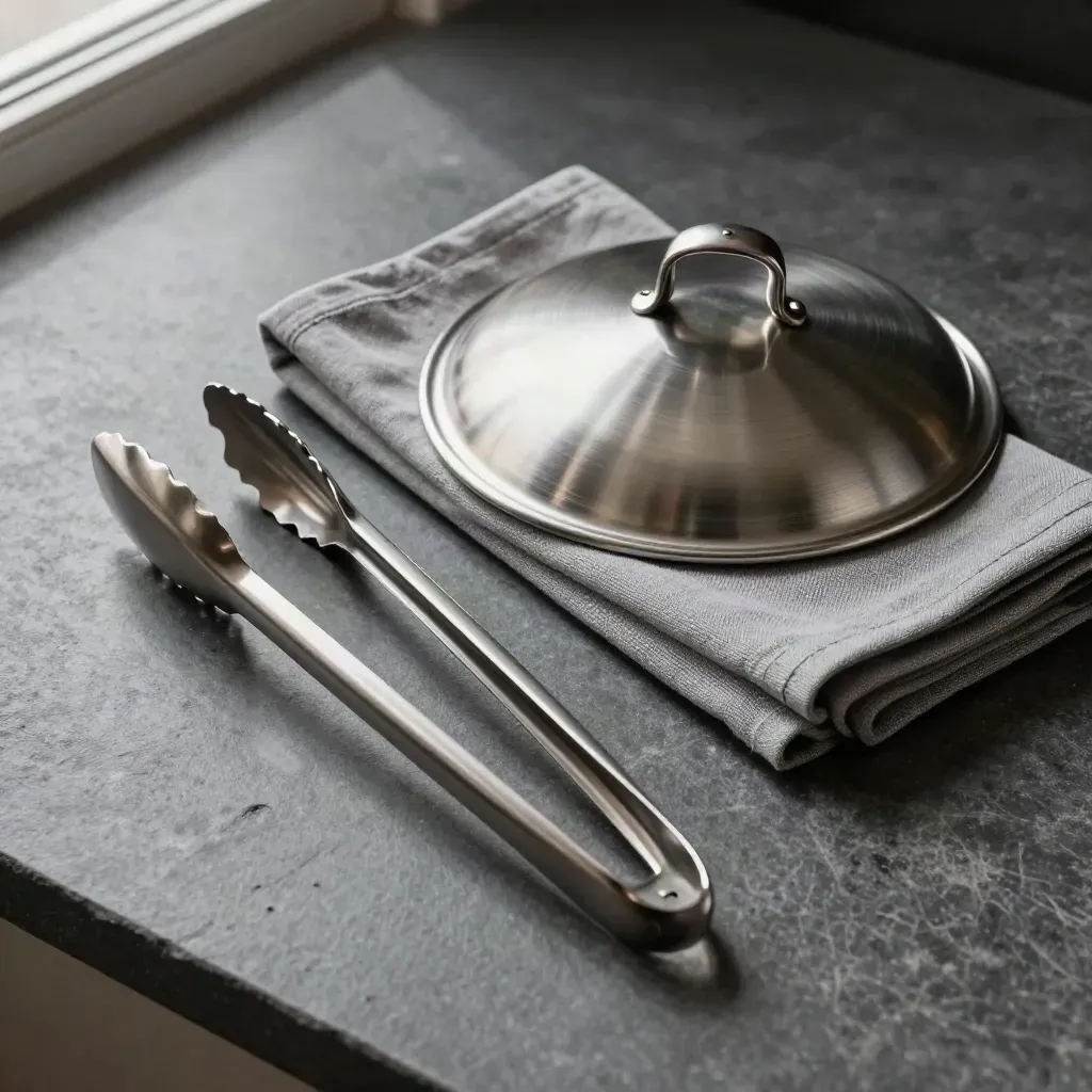 Top-down still life of catering tongs, a warming lid, and folded linen on brushed stone.