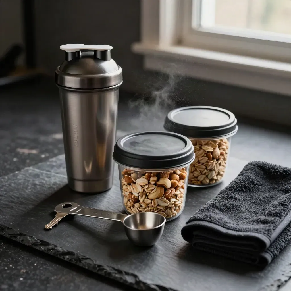 Shaker tin, prep tub, scoop, and towel on slate with chalk dust in a home gym recovery still life.