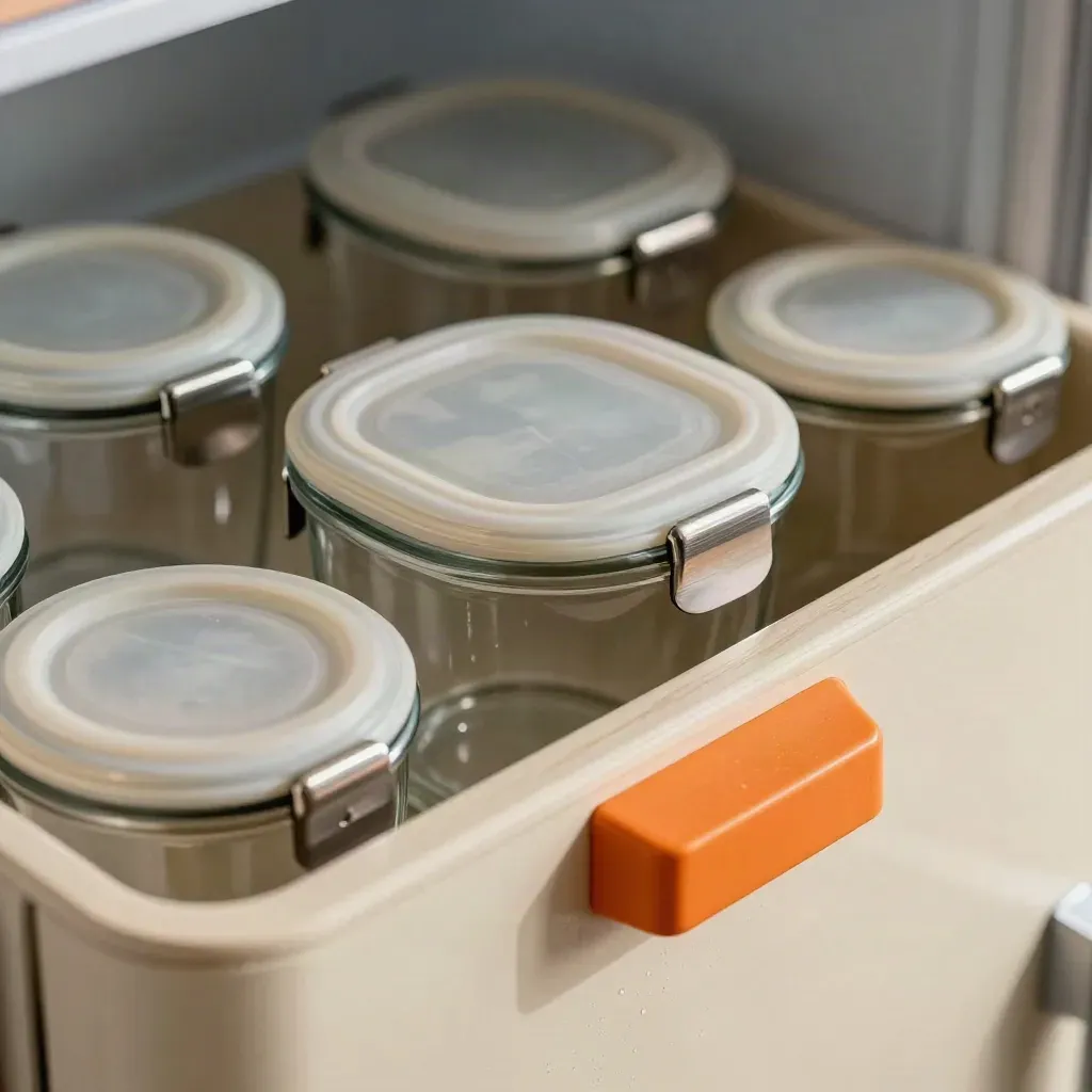 Fridge caddy, clip-lid jars, and magnetic clips lined up on cream wood.
