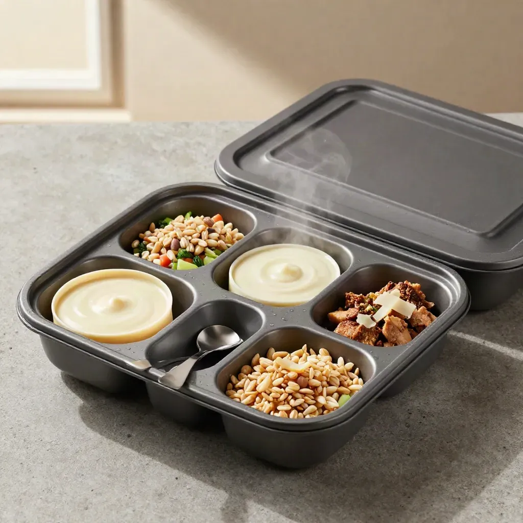 Top-down meal-prep tray with nested bowls, spoon rest, and faint steam on concrete