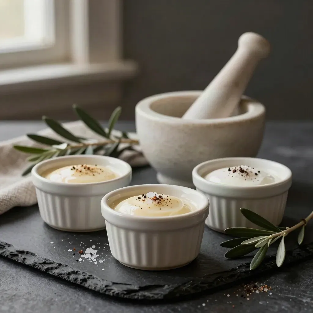 Ramekins, mortar and pestle, and herbs in a dramatic recipe still life
