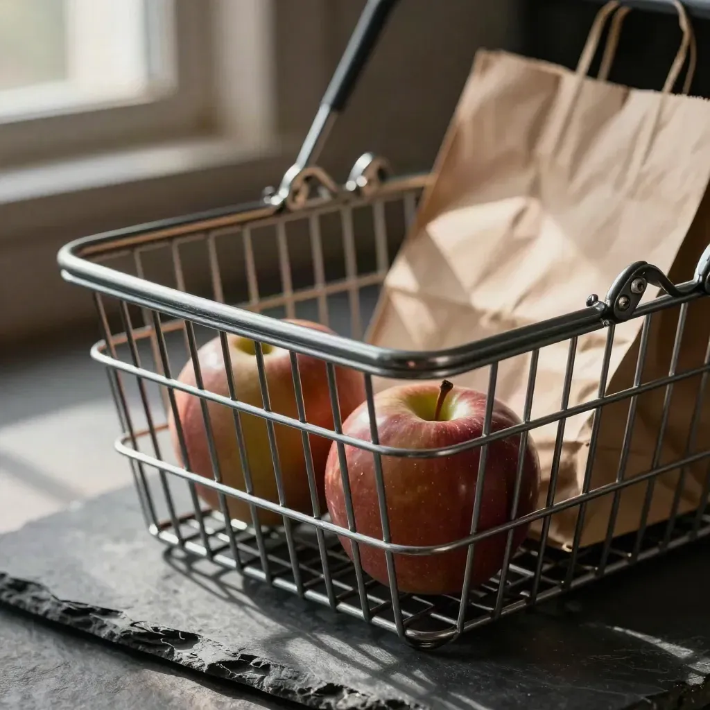 Wire market basket with folded produce bags and two apples on slate stone.