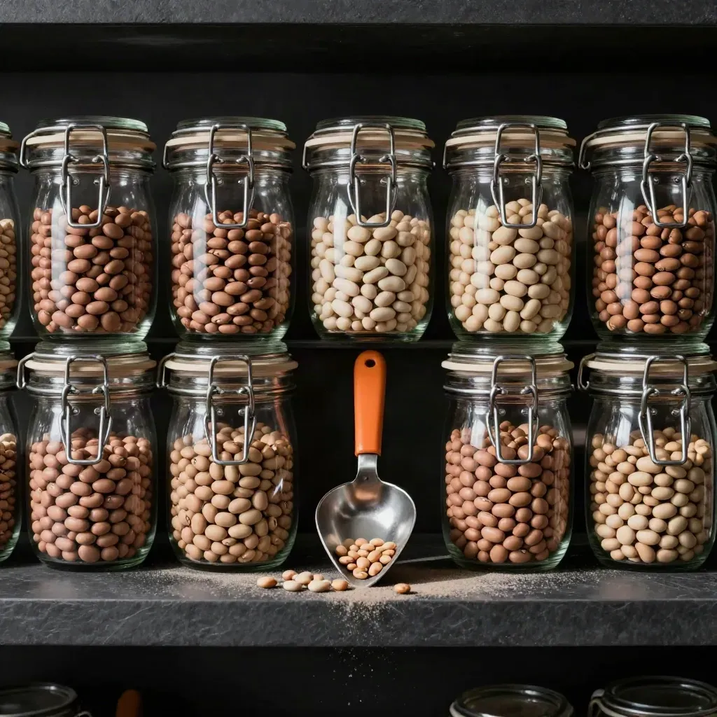 Top-down jars of dry beans and a scoop on a dark pantry shelf with soft daylight.