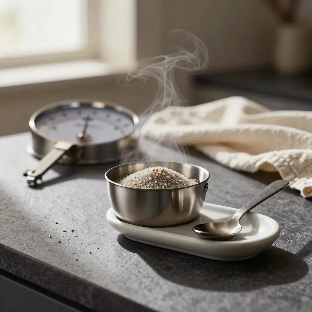 Analog scale with measuring cups and a ceramic spoon rest in a moody macro still life.