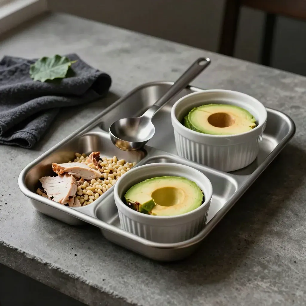 Close still life of a meal-prep tray, scoop and ramekins under dramatic studio light.