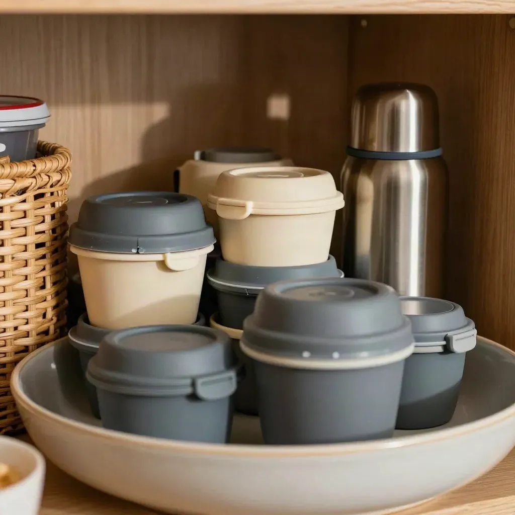 Lunchboxes, silicone snack cups, and a thermos in a pantry bin, seen through a blurred bowl rim.