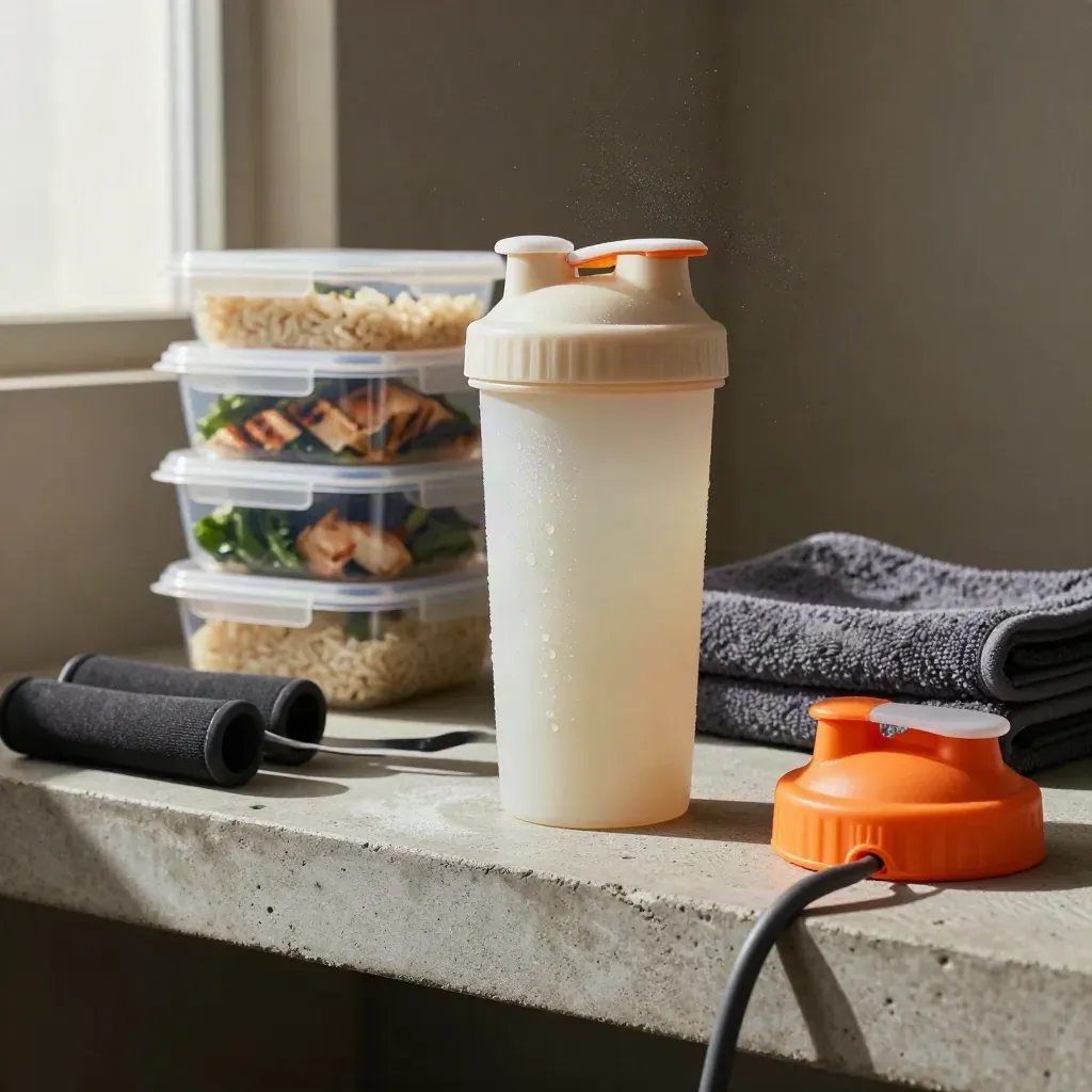 Shaker bottle, meal-prep tubs, and towel on a concrete shelf with a resistance band foreground