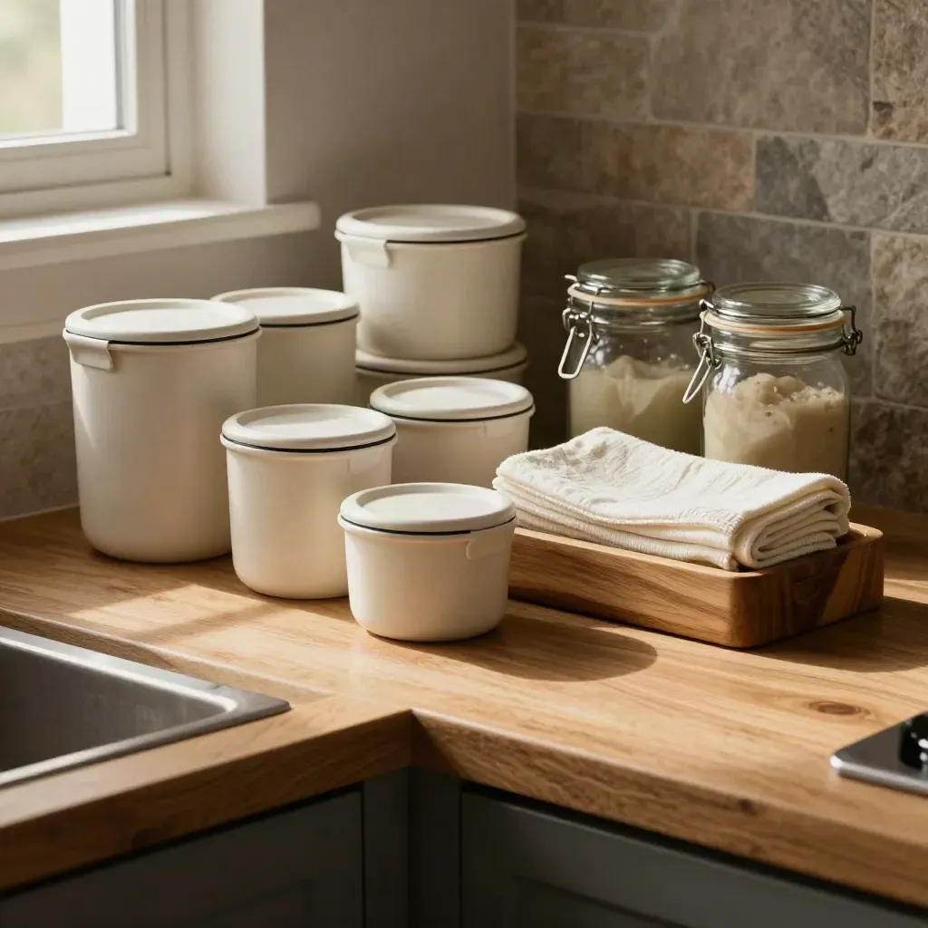 Kitchen caddy with jars, storage containers, and a cream towel in dramatic side light.