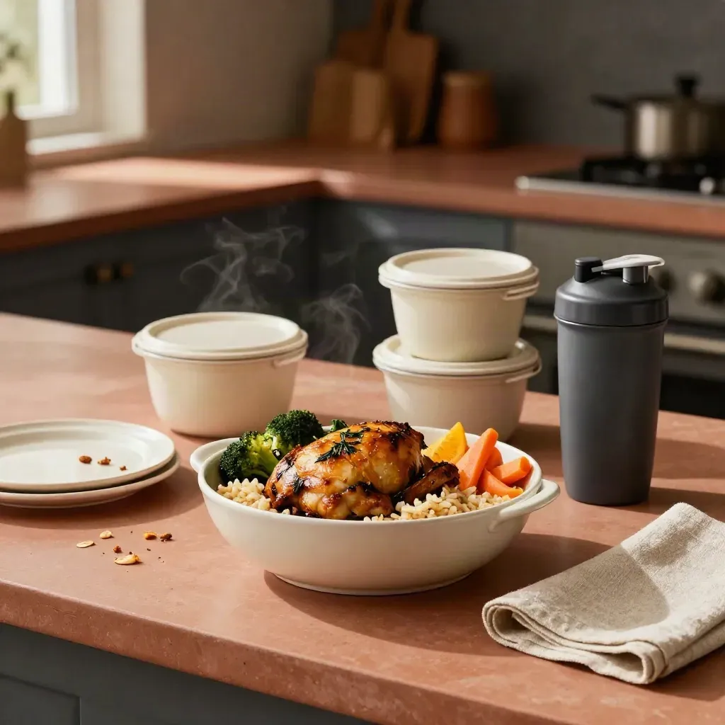 Meal prep bowls, shaker bottle and kid plates in warm editorial food light.