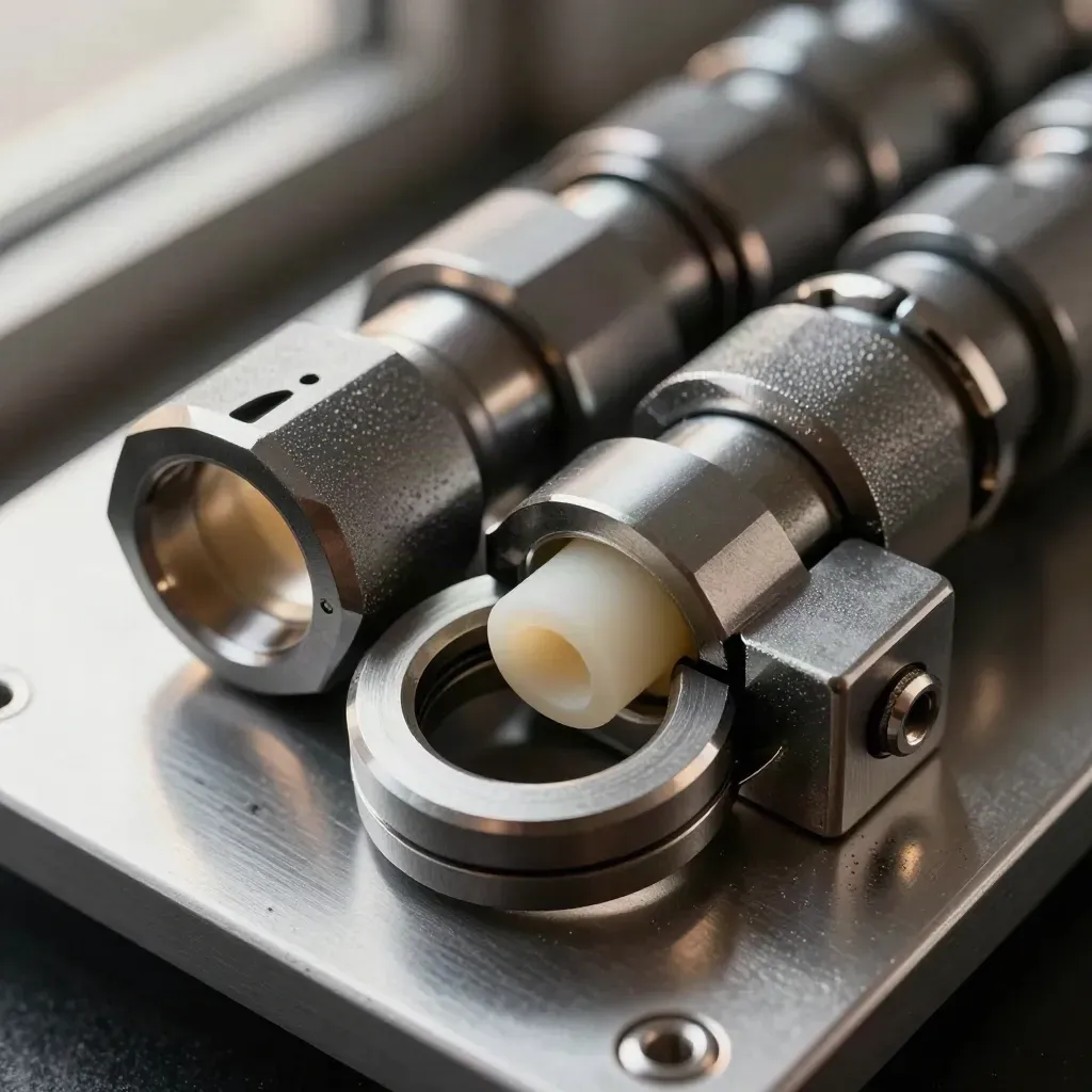 Macro still life of linked metal couplers and rings on brushed aluminum with a cream accent