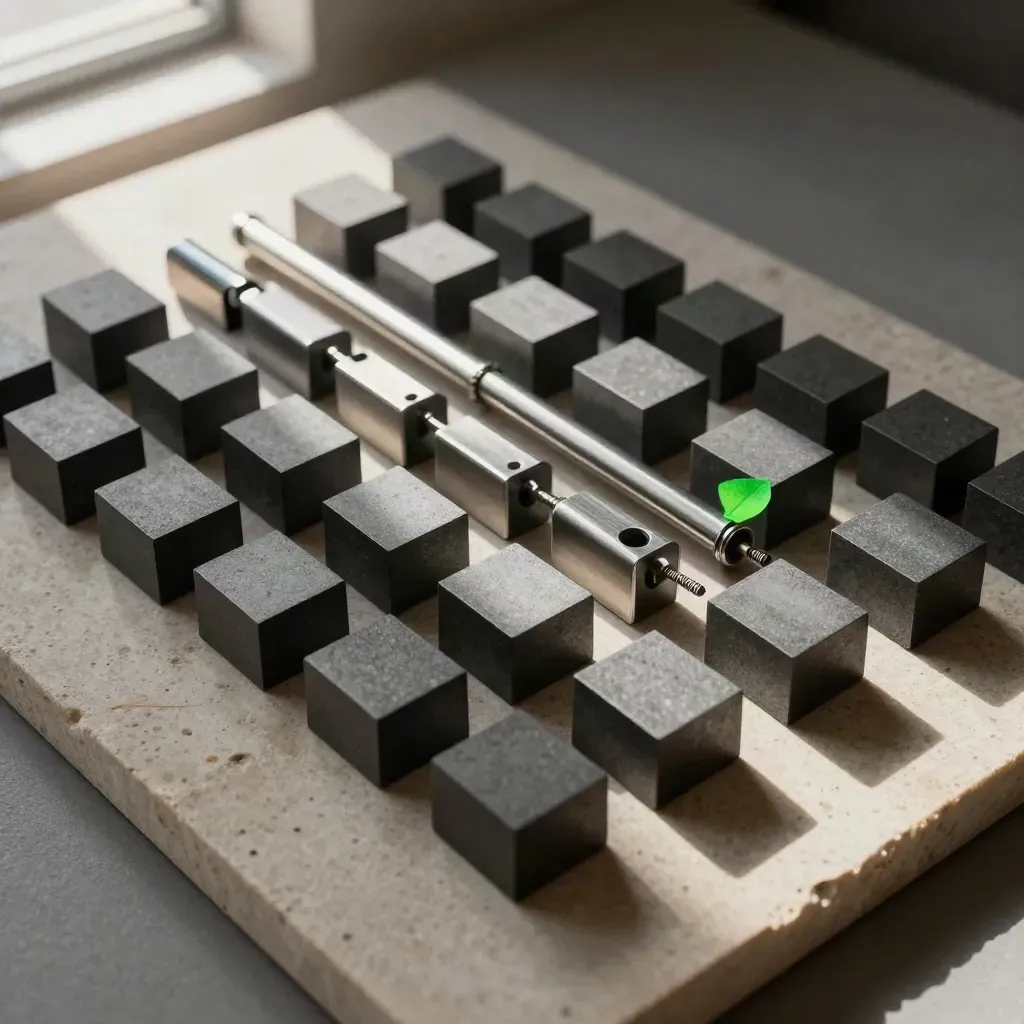 Top-down graphite blocks and spacers slotting together on limestone with a leaf-green accent.