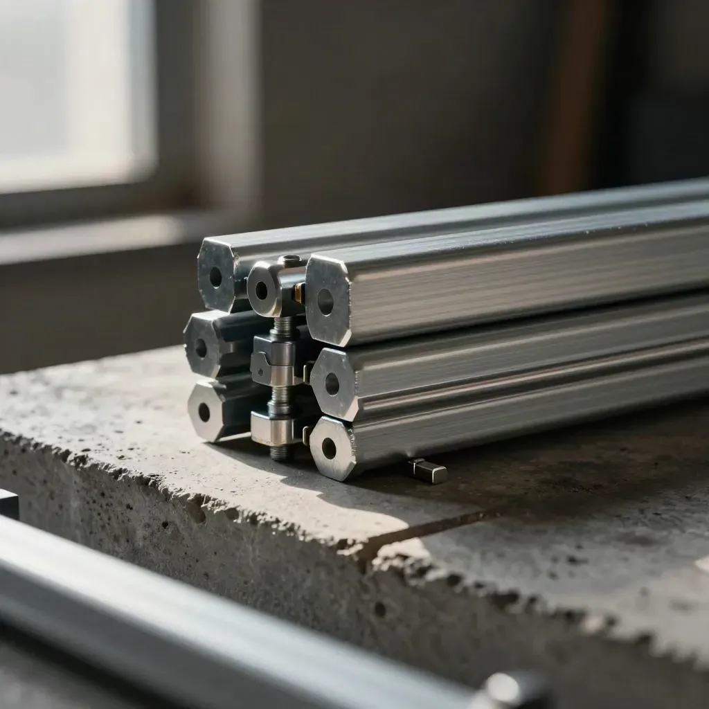 Stacked aluminum rails and pin connectors on concrete, lit dramatically with dark bokeh.