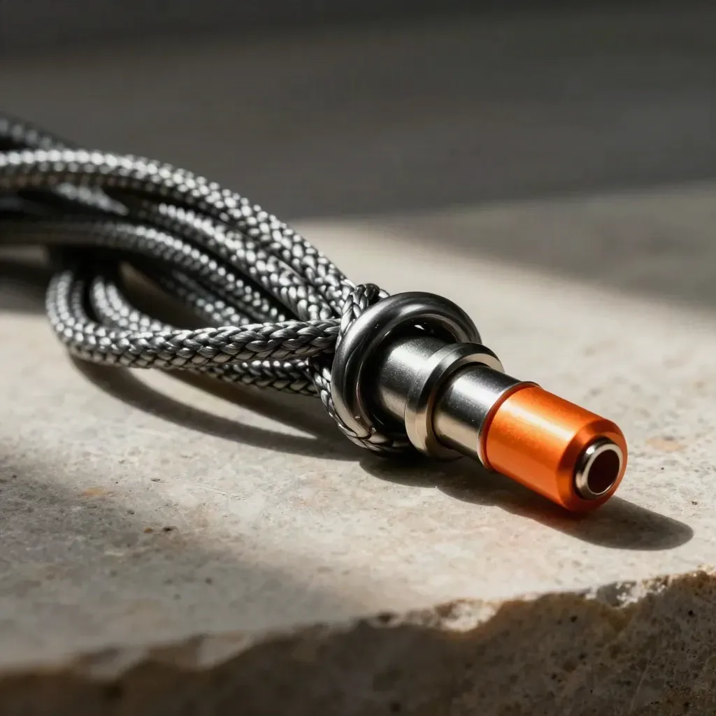 Braided cable loop and ring connectors on brushed stone with a citrus-orange accent.