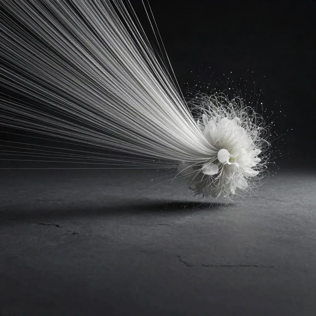 Silver filaments bloom in dark graphite space with drifting pale motes.